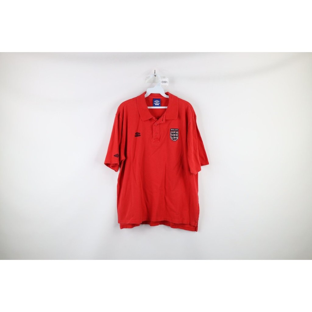 Vintage 90s Umbro Mens Size Large Faded England World Cup Soccer Polo Shirt Red